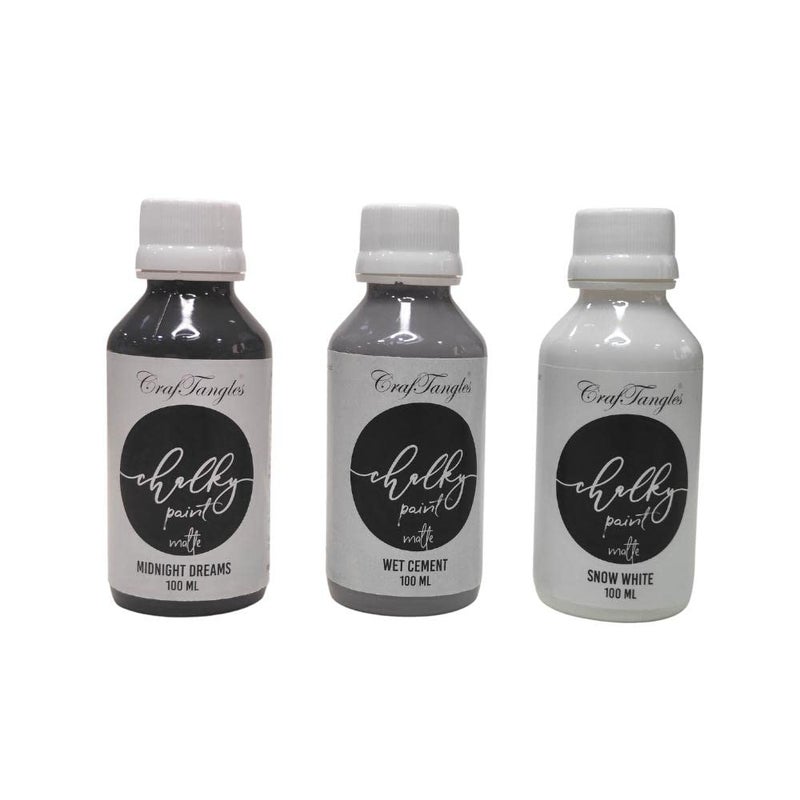 CrafTangles Acrylic Chalk Paint Set 4 (Snow White, Midnight Dreams, Wet Cement, Set of 3, 100 ml Each, Matte Finish, Non Toxic)