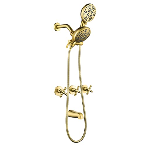 DIFEINI 3 Handle Shower Faucet Set with Tub Spout Bathtub Shower Faucet Combo Set Shower System Complete Tub and Shower Trim Kit Shower Fixture Brushed Gold - Image 1