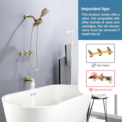 DIFEINI 3 Handle Shower Faucet Set with Tub Spout Bathtub Shower Faucet Combo Set Shower System Complete Tub and Shower Trim Kit Shower Fixture Brushed Gold - Image 3