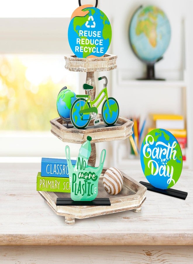 CPicdn 4Pcs Earth Day Wooden Centerpieces Decoration, Environmental Protection Wood Tiered Tray Centerpieces, No More Plastic Table Topper Decoration, Happy Earth Day Desk Shelf Decor School Supplies - Image 4