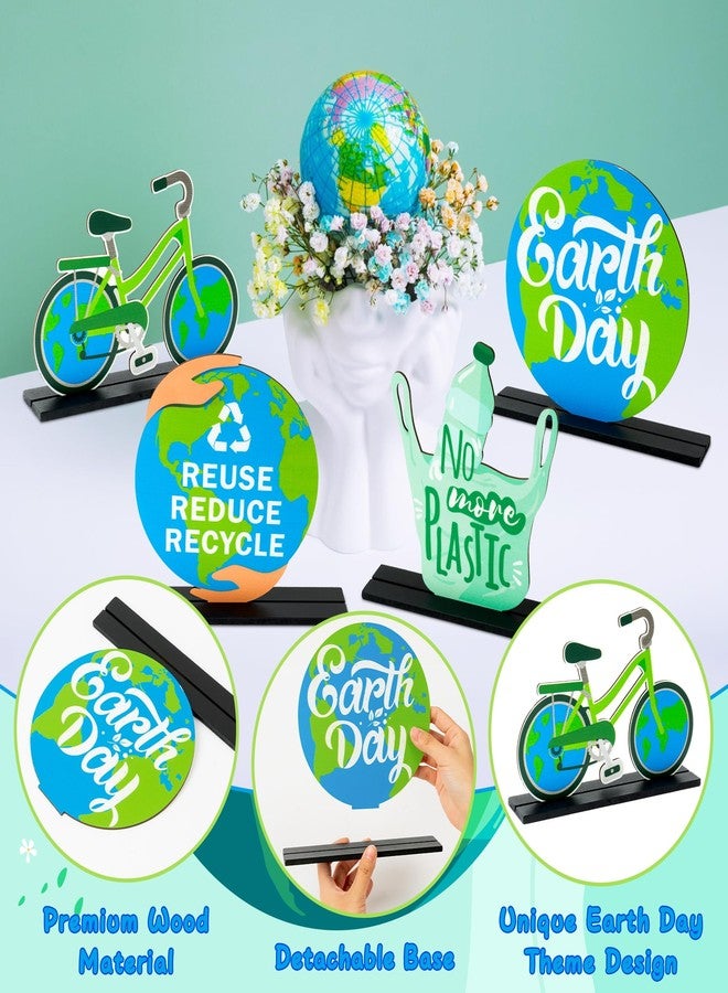 CPicdn 4Pcs Earth Day Wooden Centerpieces Decoration, Environmental Protection Wood Tiered Tray Centerpieces, No More Plastic Table Topper Decoration, Happy Earth Day Desk Shelf Decor School Supplies - Image 3