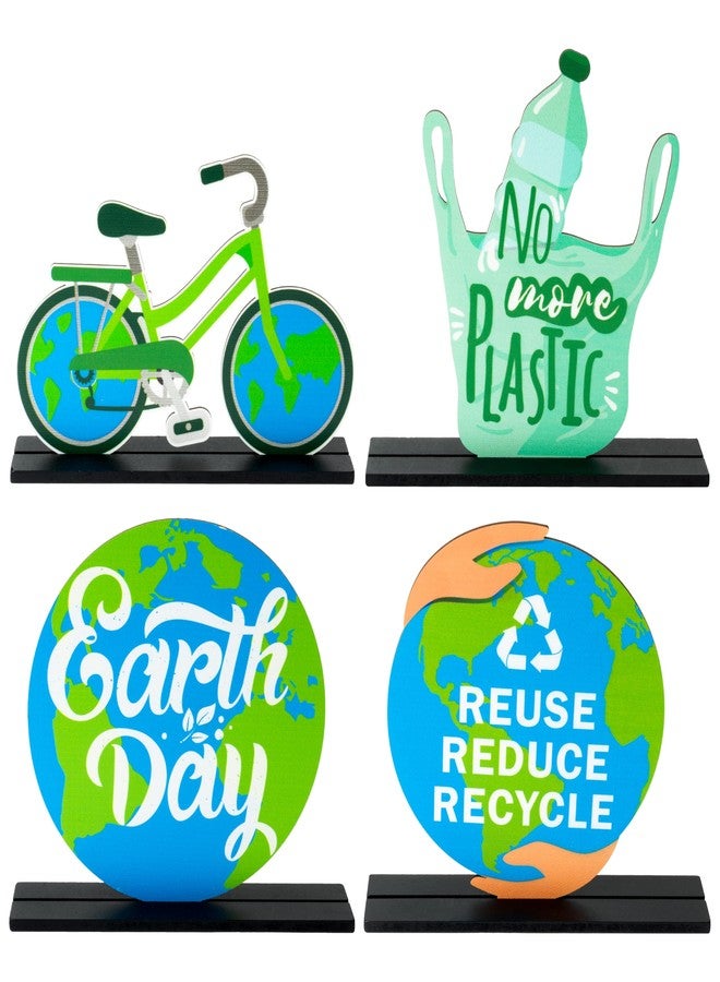 CPicdn 4Pcs Earth Day Wooden Centerpieces Decoration, Environmental Protection Wood Tiered Tray Centerpieces, No More Plastic Table Topper Decoration, Happy Earth Day Desk Shelf Decor School Supplies - Image 1