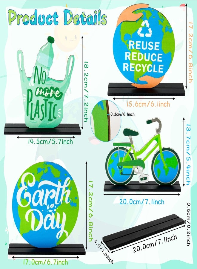 CPicdn 4Pcs Earth Day Wooden Centerpieces Decoration, Environmental Protection Wood Tiered Tray Centerpieces, No More Plastic Table Topper Decoration, Happy Earth Day Desk Shelf Decor School Supplies - Image 2