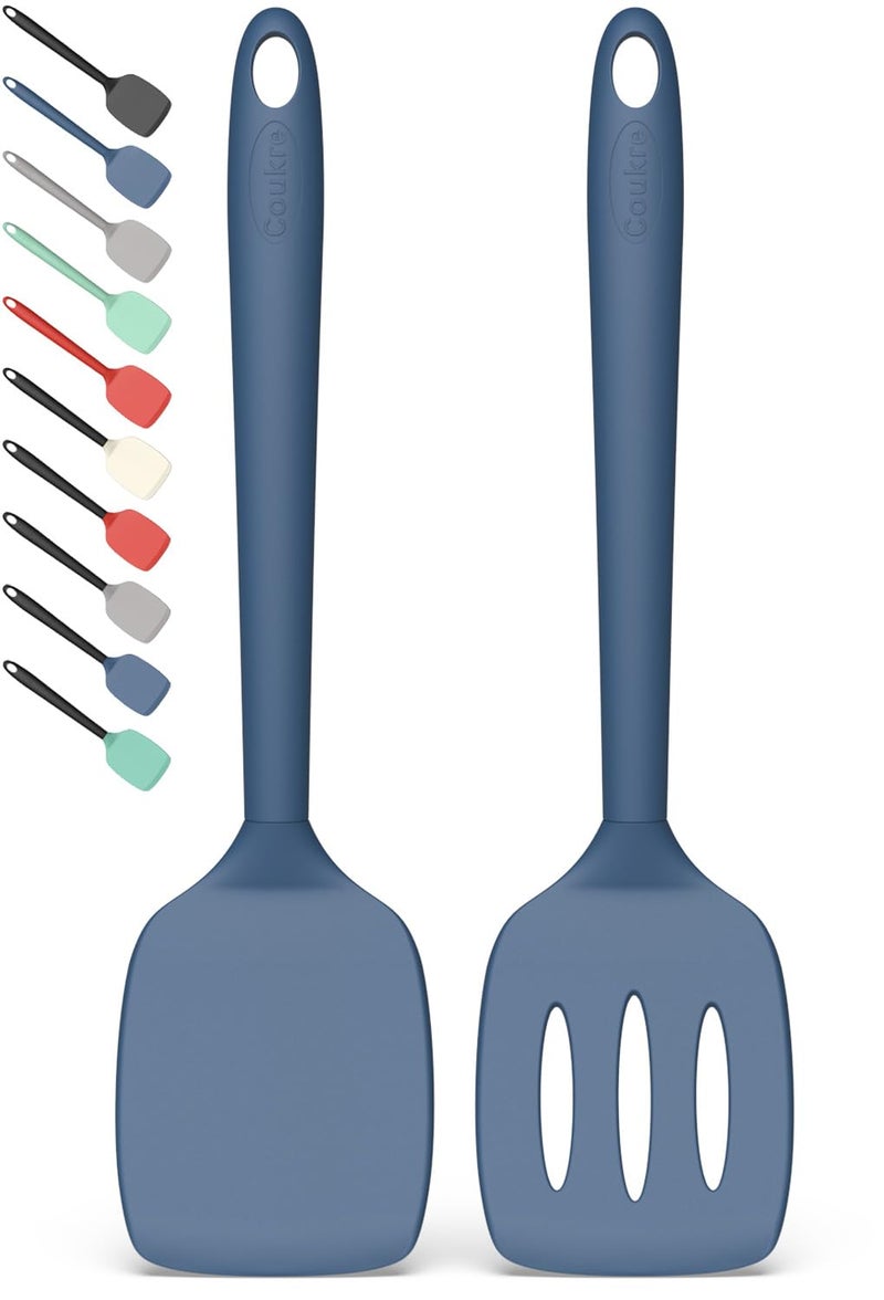 Coukre 2 Pack Silicone Spatula Set, High Heat Resistant, BPA Free Kitchen Spatula, Solid & Slotted Turner for Non-Stick Pans, SautÃ©ing, and Flipping (2, PureDarkBlue) - Image 1