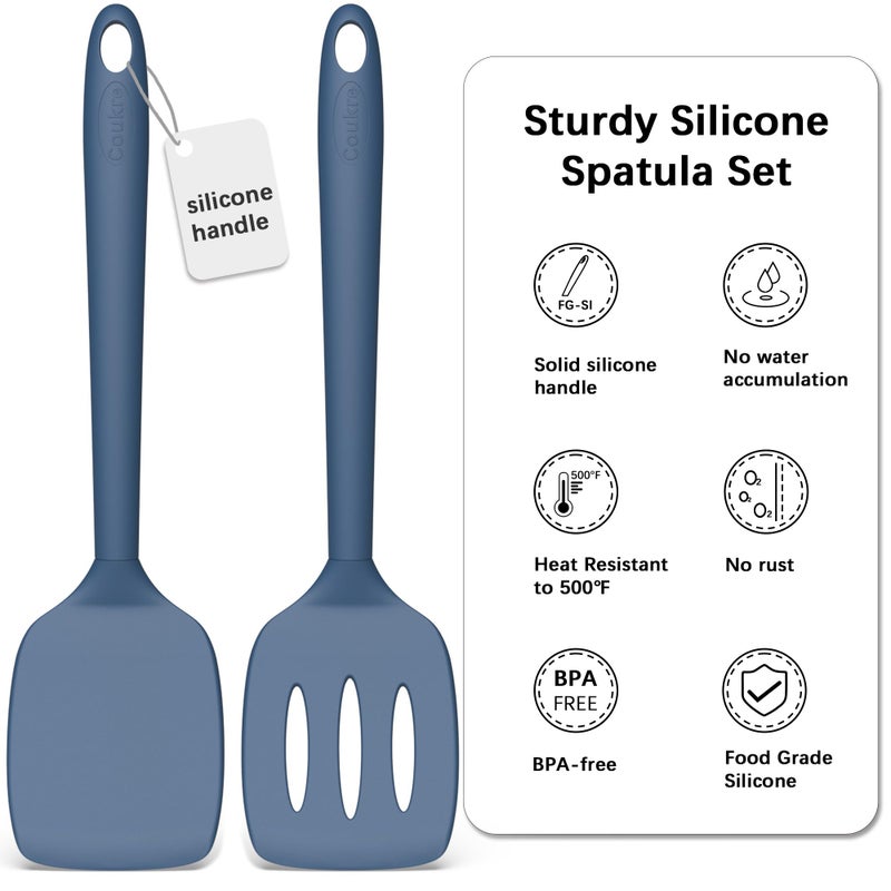 Coukre 2 Pack Silicone Spatula Set, High Heat Resistant, BPA Free Kitchen Spatula, Solid & Slotted Turner for Non-Stick Pans, SautÃ©ing, and Flipping (2, PureDarkBlue) - Image 2