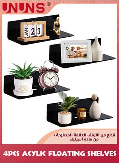 UNUNS Acrylic Floating Shelf,Set Of 4 No Drill Adhesive Wall Shelf  For Storage,9.25 Inch Floating Shelves Damage-Free Expand Wall Space For Living Room,Bathroom,Office,Black  - Image 1