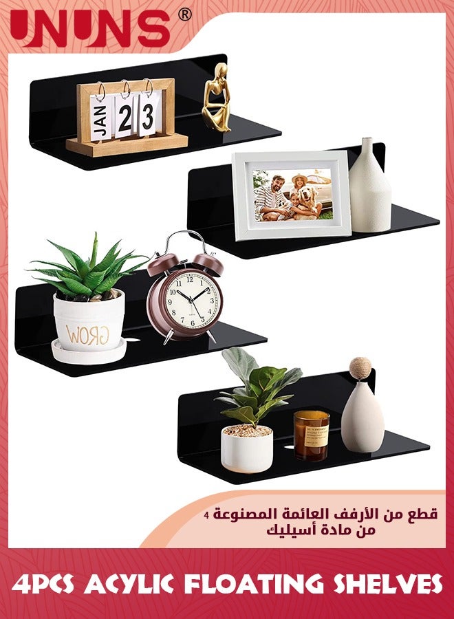 UNUNS Acrylic Floating Shelf,Set Of 4 No Drill Adhesive Wall Shelf  For Storage,9.25 Inch Floating Shelves Damage-Free Expand Wall Space For Living Room,Bathroom,Office,Black  - Image 1