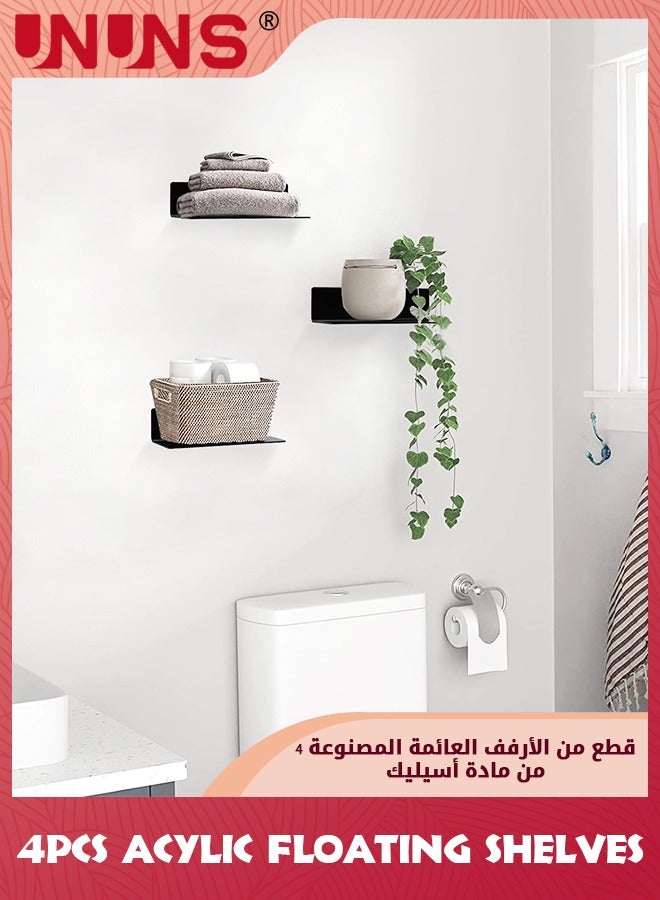 UNUNS Acrylic Floating Shelf,Set Of 4 No Drill Adhesive Wall Shelf  For Storage,9.25 Inch Floating Shelves Damage-Free Expand Wall Space For Living Room,Bathroom,Office,Black  - Image 2