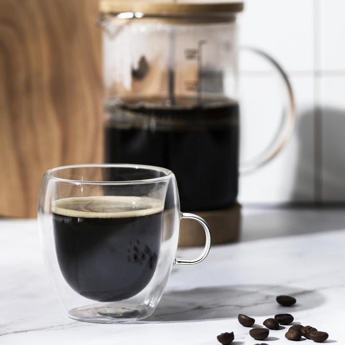 DOUBLE WALLED GLASS COFFEE MUGS, CLEAR GLASS INSULATED MUGS WITH HANDLE FOR CAPPUCCINO, TEA, LATTE, CUPS, BEVERAGE GLASSES HEAT RESISTANT