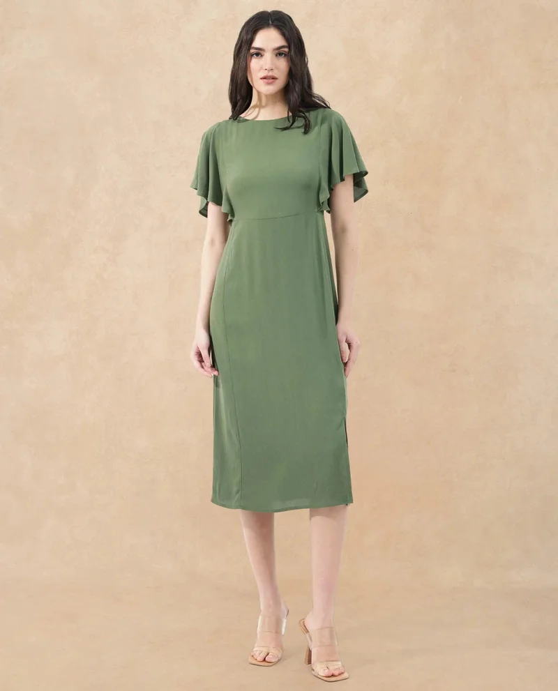 Rareism Women's Midi Dress With Flutter Sleeves