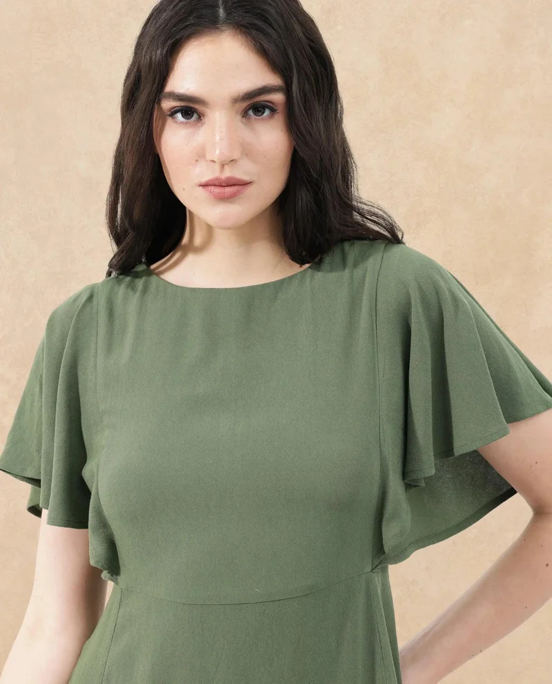 Rareism Women's Midi Dress With Flutter Sleeves