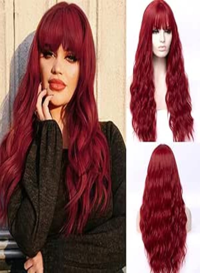 DILLARDS Tantakolong Curly Red Wig With Bangs For Women Wavy Rose Net Synthetic Fiber Girl's Halloween Cosplay Party Costume Wig (Red#0311)