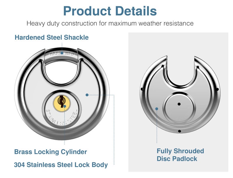 Puroma Keyed Padlock, Stainless Steel Discus Lock Heavy Duty Locks with 6 Keys, Waterproof and Rustproof Storage Lock with 3/8 Inch Shackle for Warehouse, Garage, Storage Locker, and Outdoors (2 Pack) - Image 4