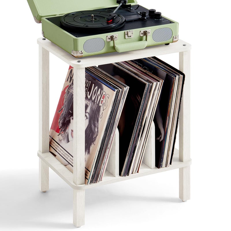 LELELINKY 2-Tier Record Player Stand with Vinyl Record Storage up to 100 Albums, Bedroom Record Holder and Multi-Functional End Table for Living Room, Grey White - Image 1