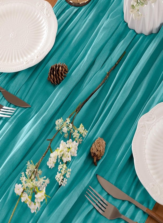 LINXTAR Teal Valentines Day Table Runner Cheesecloth Table Runners 10FT Farmhouse Table Runners 120 Inches Spring Decor Table Centerpiece for Wedding Boho Baby Shower Birthday - Image 2