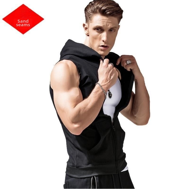 Mens Fitness Sleeveless Sweater Hooded Vest Cardigan Korean Sports Vest Slim Fit Top Waistcoat Summer Hoodie Black Cardigan  - Image 4