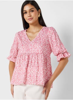 In the style Jac Jossa Pink Floral Print Smock Top With Puff Sleeves  - Image 1