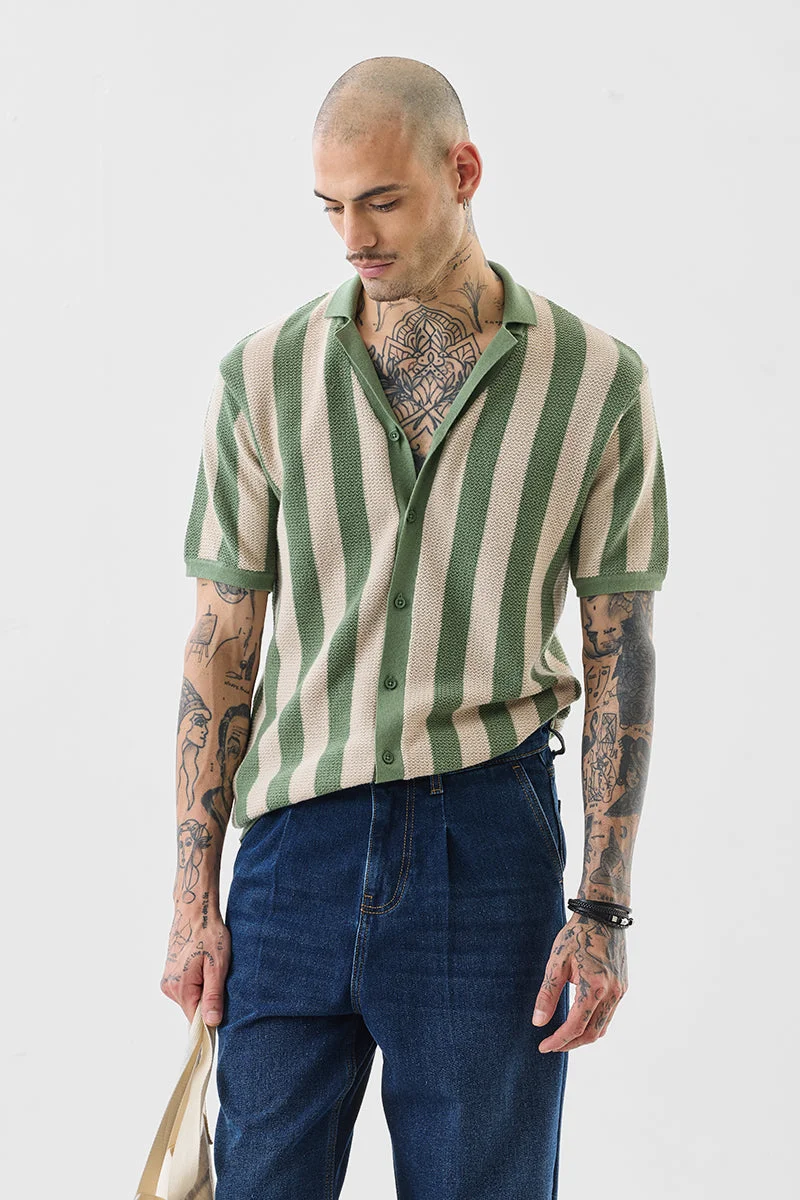 SNITCH Green Striped Half Sleeve Slim Fit Shirt