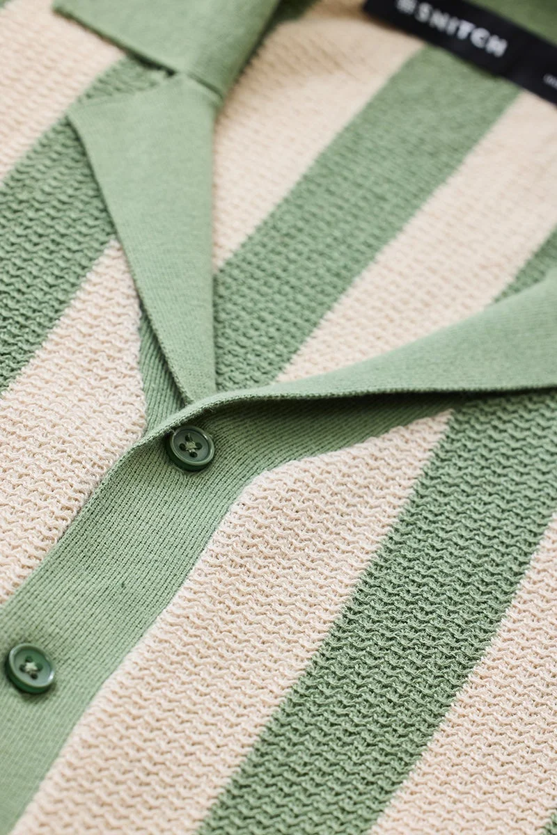 سنيتش Green Striped Half Sleeve Slim Fit Shirt