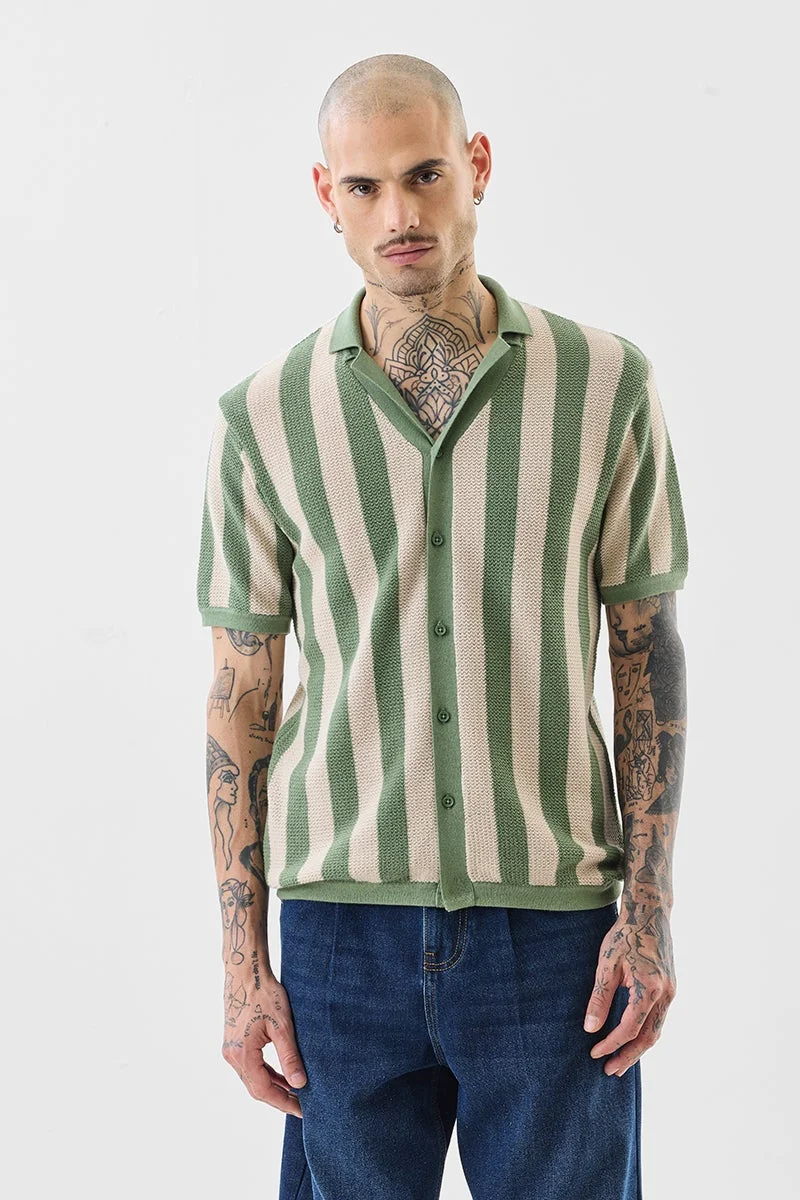 سنيتش Green Striped Half Sleeve Slim Fit Shirt