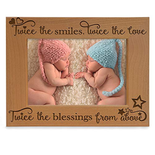 KATE POSH - Twice the Smiles, Twice the Love, Twice the Blessings from above - Engraved Natural Wood Picture Frame - Twins photo frame, Twins gifts for babies, Twins gifts for mom (4x6-Horizontal) - Image 1