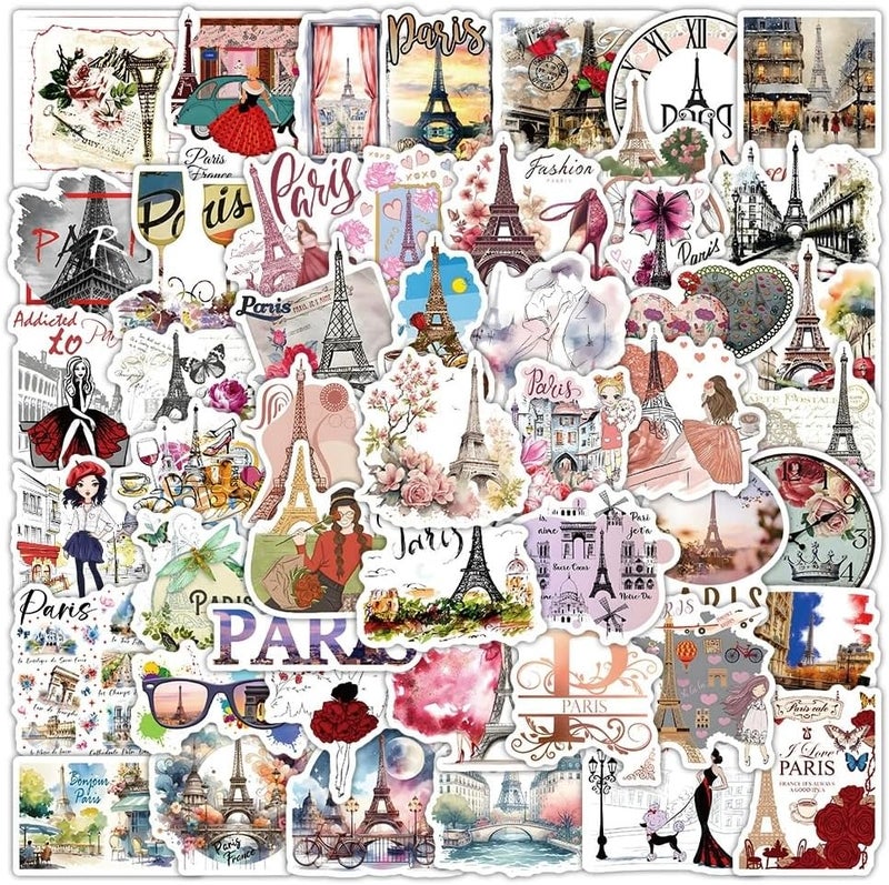 AUCEKO 50 PCS Paris Stickers,Vintage Eiffel Tower Sticker Pack Vinyl Skateboard Guitar Door Laptop Luggage Car Bike Water Bottle Birthday Party Supplies Teens Boys and Girls Decals - Image 1