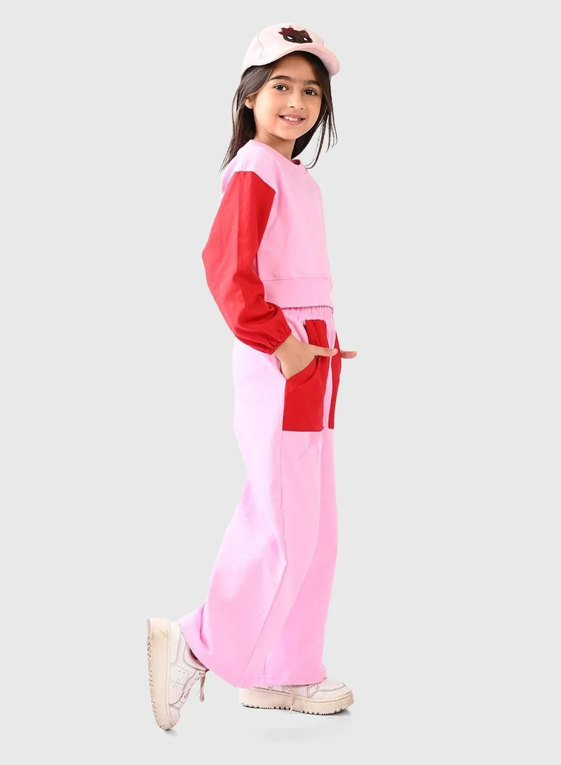 Bonkids Regular Fit Printed Red And Pink Cotton Sets For Girls Round Neck Flat Collar Pull On 100 % Cotton