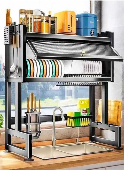 Over The Sink Dish Drying Rack, 2 Tier Over The Sink Shelf with Cover Large Storage Kitchen Dish Rack Shelf for Counter Organization with Hooks Counter Dish Drying Rack for Kitchen