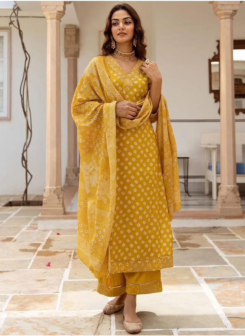 آي شين Women's Mustard Modal Muslin Printed Tunic Full Length Casual Straight Fit Kurta Set