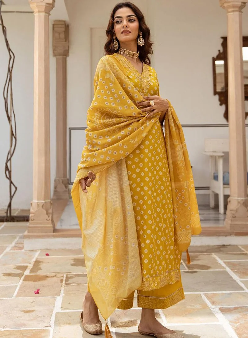 ISHIN Women's Mustard Modal Muslin Printed Tunic Full Length Casual Straight Fit Kurta Set