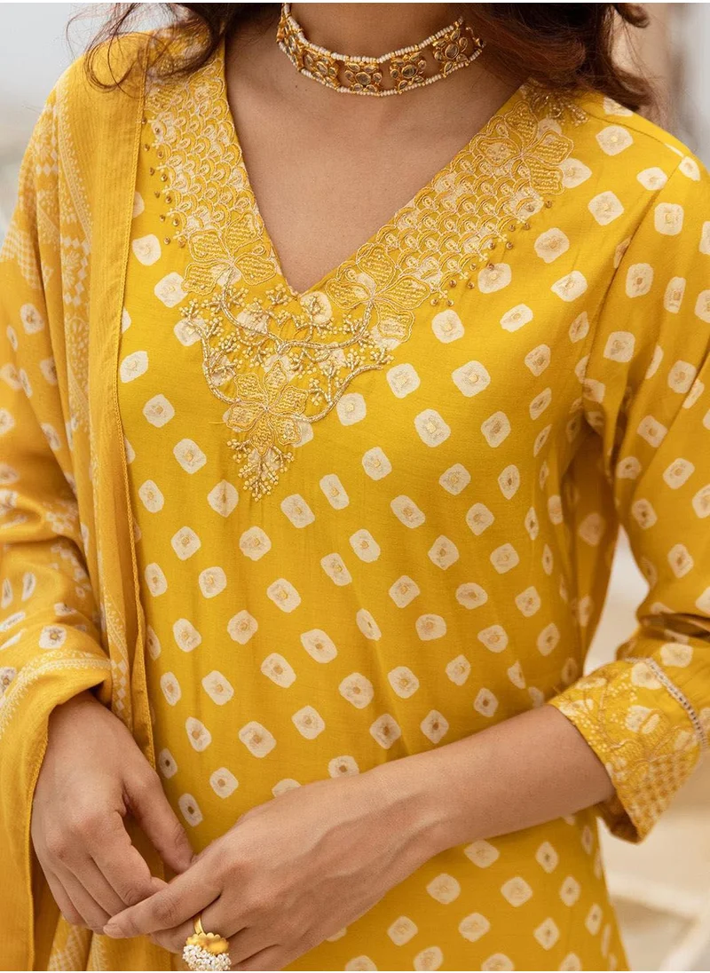 آي شين Women's Mustard Modal Muslin Printed Tunic Full Length Casual Straight Fit Kurta Set