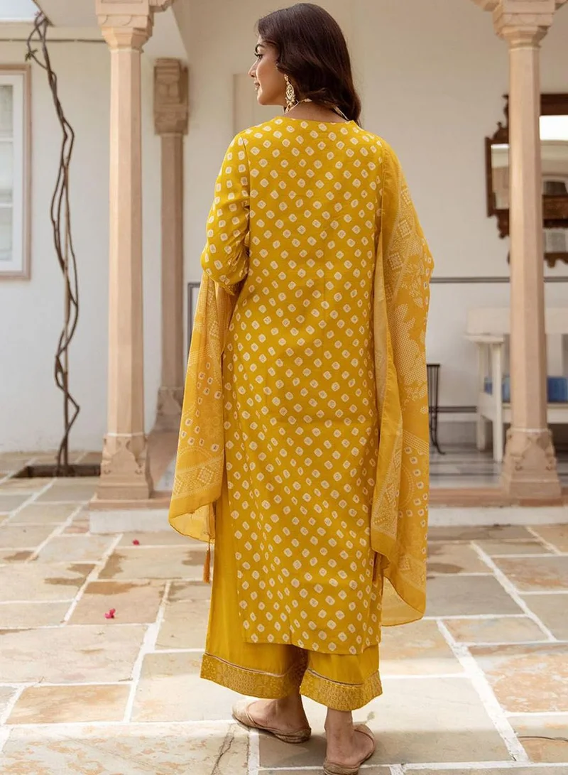 ISHIN Women's Mustard Modal Muslin Printed Tunic Full Length Casual Straight Fit Kurta Set