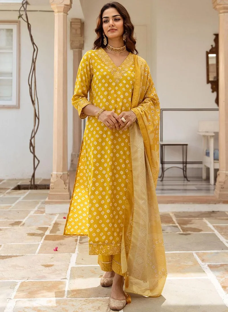 ISHIN Women's Mustard Modal Muslin Printed Tunic Full Length Casual Straight Fit Kurta Set
