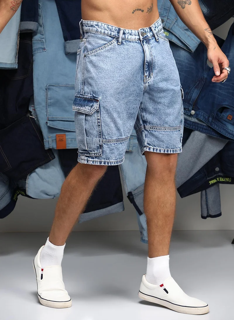 Campus Sutra  Men's Indigo Blue Acid-Wash Utility Denim Shorts For Casual Wear | Low-Waist | Medium-Wash | Button & Zip Closure | Denim Jeans Crafted With Comfort Wear For Everyday Wear for Men | Best Price UAE