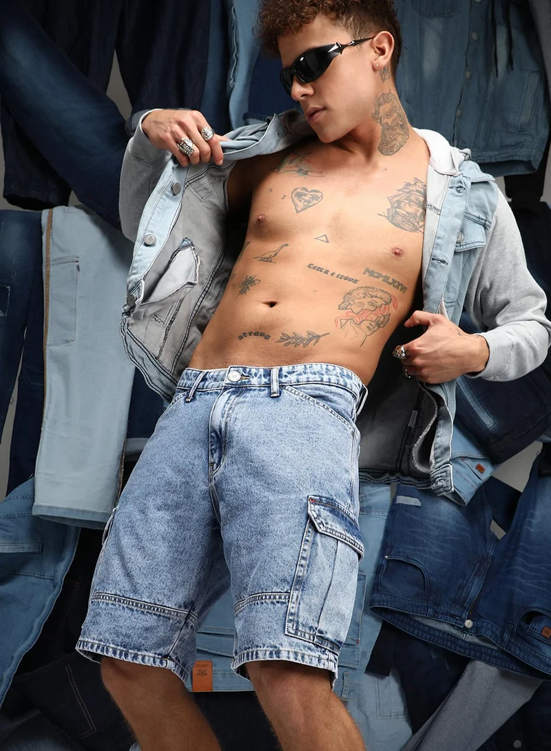 Campus Sutra Men's Indigo Blue Acid-Wash Utility Denim Shorts For Casual Wear | Low-Waist | Medium-Wash | Button & Zip Closure | Denim Jeans Crafted With Comfort Wear For Everyday Wear