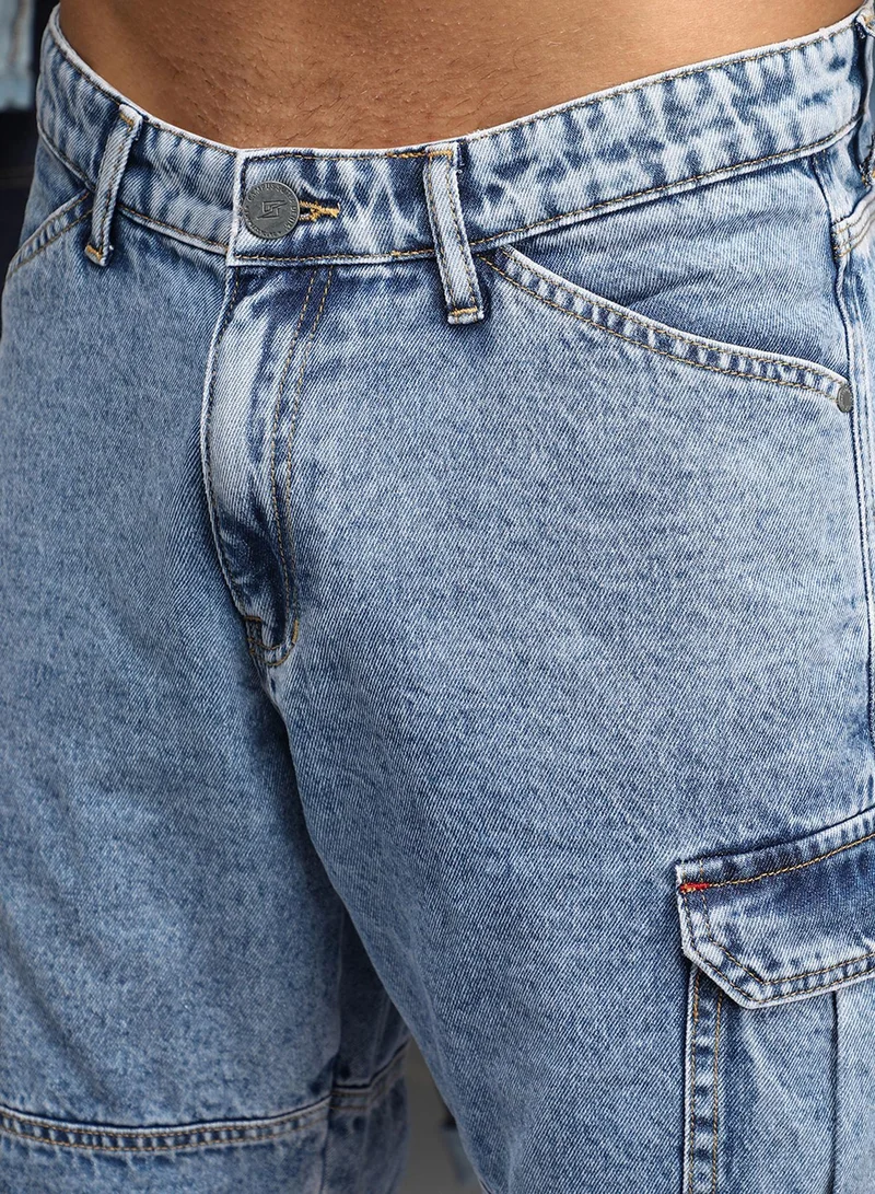 Campus Sutra  Men's Indigo Blue Acid-Wash Utility Denim Shorts For Casual Wear | Low-Waist | Medium-Wash | Button & Zip Closure | Denim Jeans Crafted With Comfort Wear For Everyday Wear for Men | Best Price UAE
