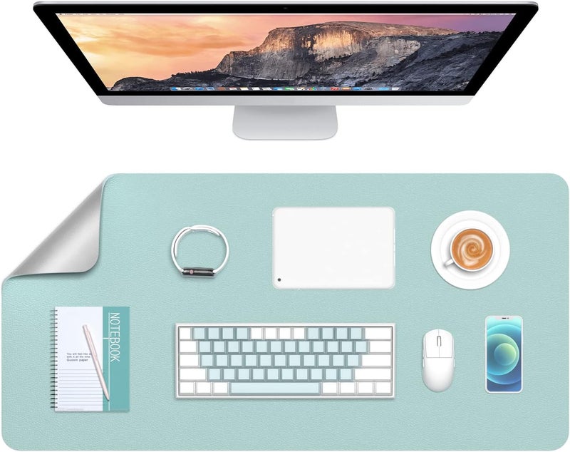 Hsurbtra Desk Pad, 30" x 14" Dual Side PU Leather Desk Mat, Waterproof Non-Slip Desktop Blotter Protector, Large Mouse Pad for Laptop Keyboard Office Home, Blue and Silver - Image 1