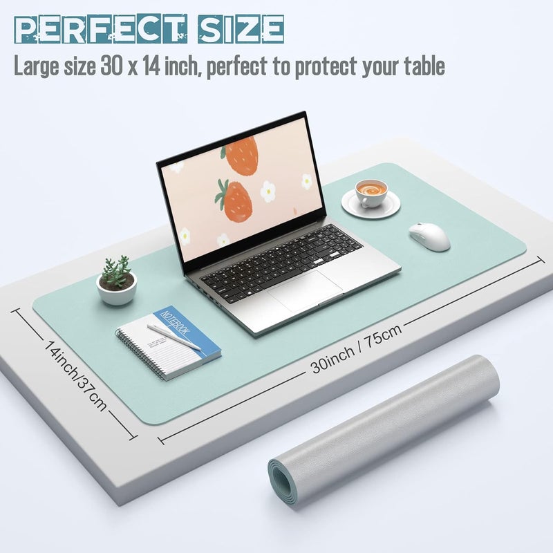 Hsurbtra Desk Pad, 30" x 14" Dual Side PU Leather Desk Mat, Waterproof Non-Slip Desktop Blotter Protector, Large Mouse Pad for Laptop Keyboard Office Home, Blue and Silver - Image 2