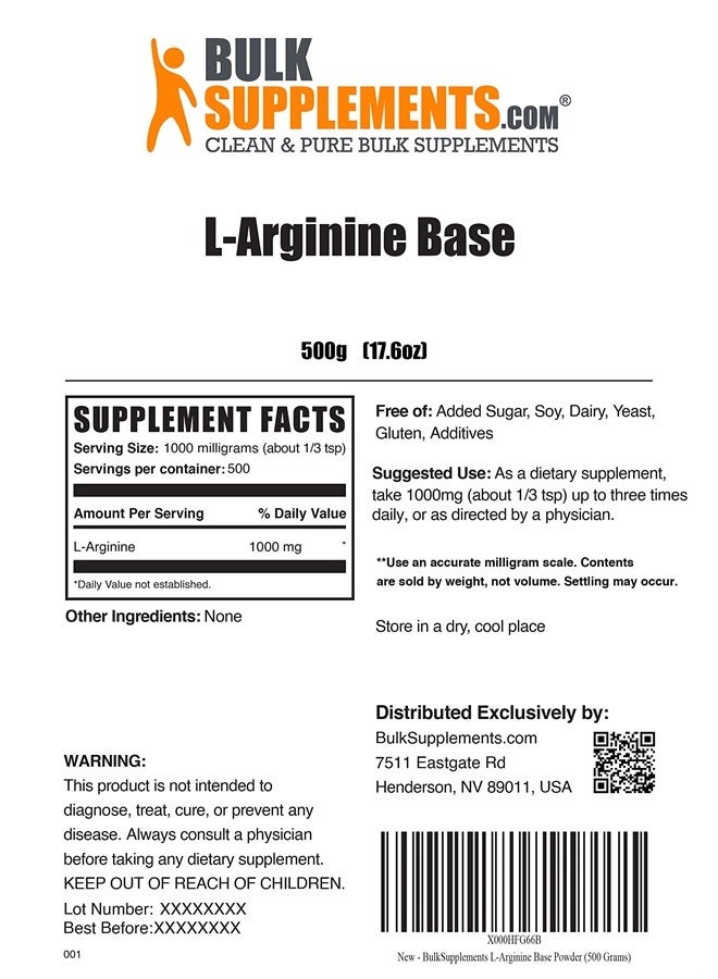 BulkSupplements .com مسحوق L-أرجينين - مكمل أرجينين - أرجينين 1000 ملغ - مسحوق أكسيد النيتريك - مكملات أكسيد النيتروز للرجال - 1000 ملغ لكل حصة، 500 حصة (500 جرام - 1.1 رطل) - Image 2