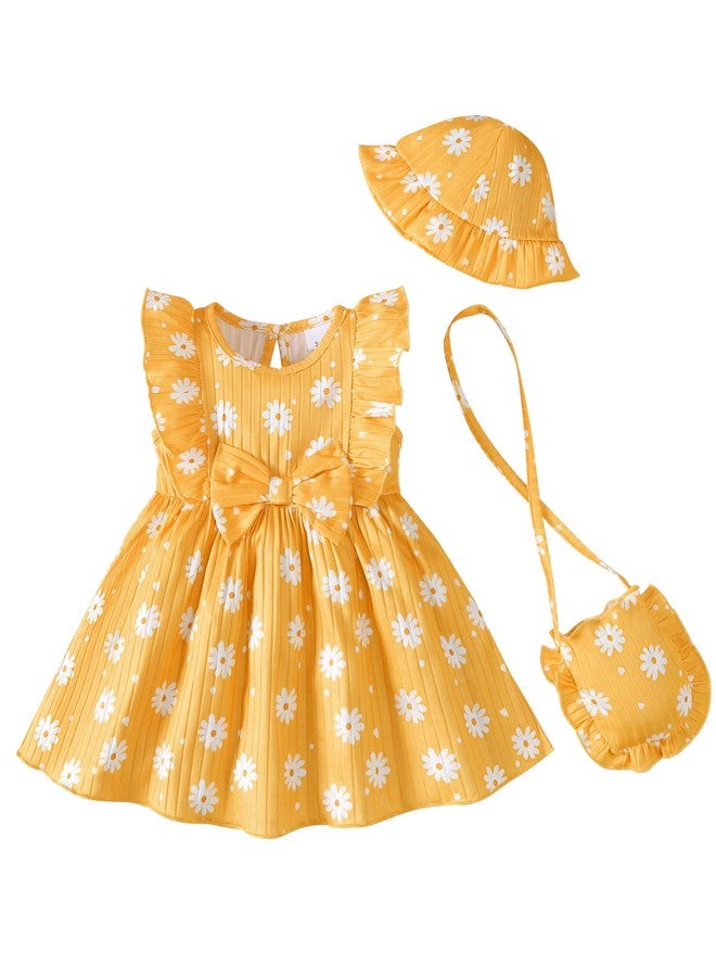 Renotemy Baby Girl Dress 12-18 Months Summer Outfits Yellow Daisy Ruffle Sleeveless Dress Floral Big Bow Sundress 1 Year Old Baby Clothes Birthday Gifts Cute Casual Outfits Beach Dresses with Hat - Image 1