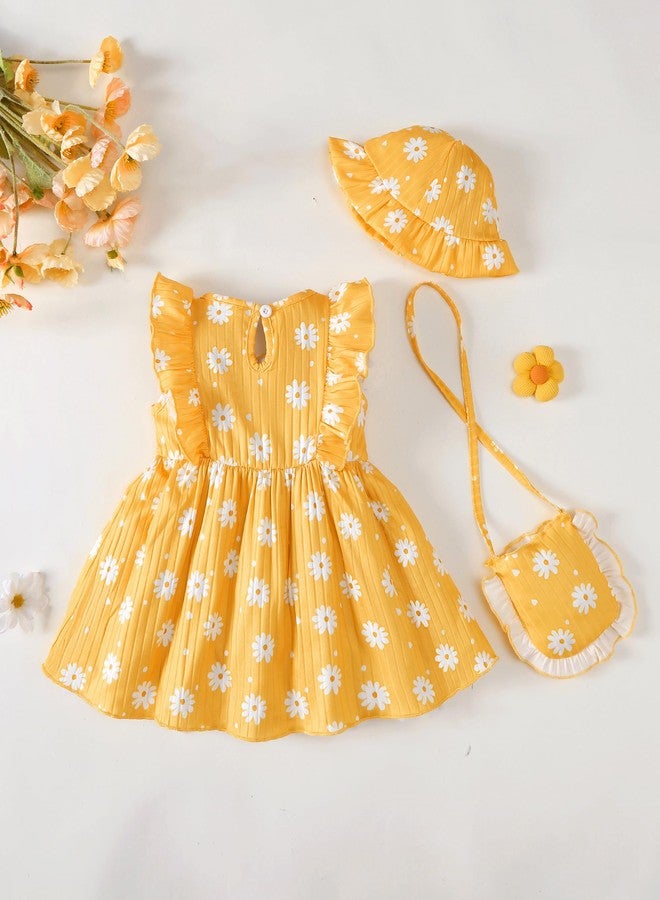 Renotemy Baby Girl Dress 12-18 Months Summer Outfits Yellow Daisy Ruffle Sleeveless Dress Floral Big Bow Sundress 1 Year Old Baby Clothes Birthday Gifts Cute Casual Outfits Beach Dresses with Hat - Image 5