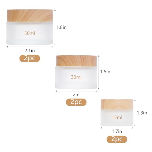 Miayon 6Pcs Glass Cosmetic Container with Wood Grain Lid Refillable Cosmetic Jar Frosted Glass Cream Container with Leak-proof Lid Empty Sample Jar for Makeup,Lotion,Eye Creams,Scrub Cream,Home Travel - Image 2