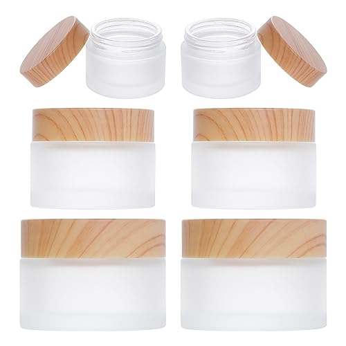 Miayon 6Pcs Glass Cosmetic Container with Wood Grain Lid Refillable Cosmetic Jar Frosted Glass Cream Container with Leak-proof Lid Empty Sample Jar for Makeup,Lotion,Eye Creams,Scrub Cream,Home Travel - Image 1