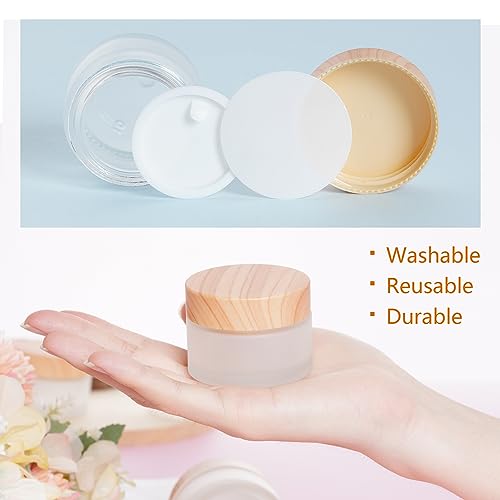 Miayon 6Pcs Glass Cosmetic Container with Wood Grain Lid Refillable Cosmetic Jar Frosted Glass Cream Container with Leak-proof Lid Empty Sample Jar for Makeup,Lotion,Eye Creams,Scrub Cream,Home Travel - Image 4