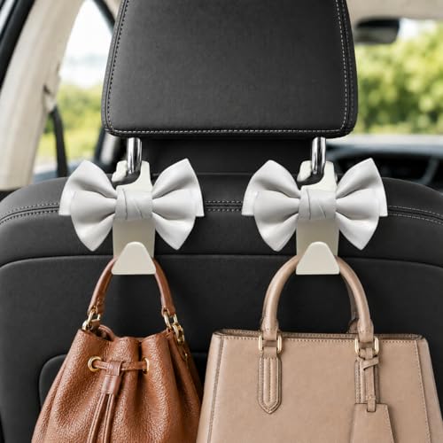 BVGACI 2 Pack Car Purse Hooks Cute Bow Car Seat Headrest Hook Hanger for Purses and Bagswhite - Image 1
