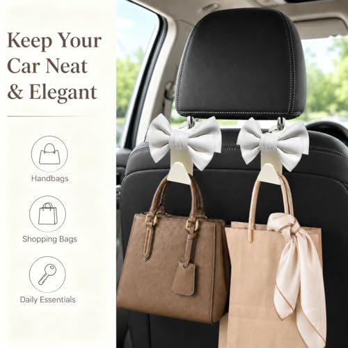 BVGACI 2 Pack Car Purse Hooks Cute Bow Car Seat Headrest Hook Hanger for Purses and Bagswhite - Image 5