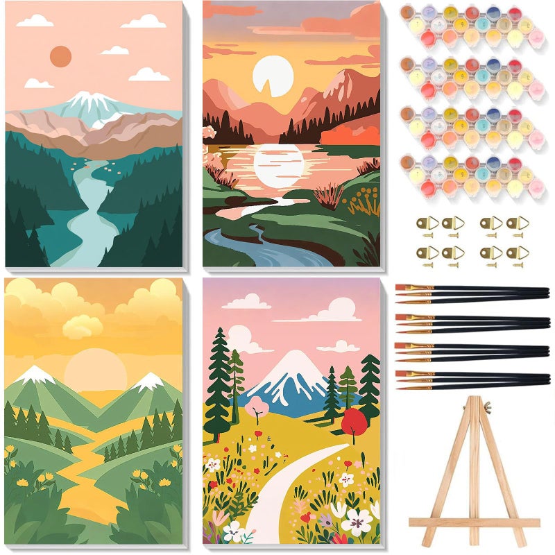 xackcme 4 Pack Paint by Numbers for Adults with Framed Canvas - with Wooden Easel, Landscape Paint by Number for Beginners, Easy Acrylic Oil Painting Kits with Brushes for Home Wall Decor (8x12 inch) - Image 1