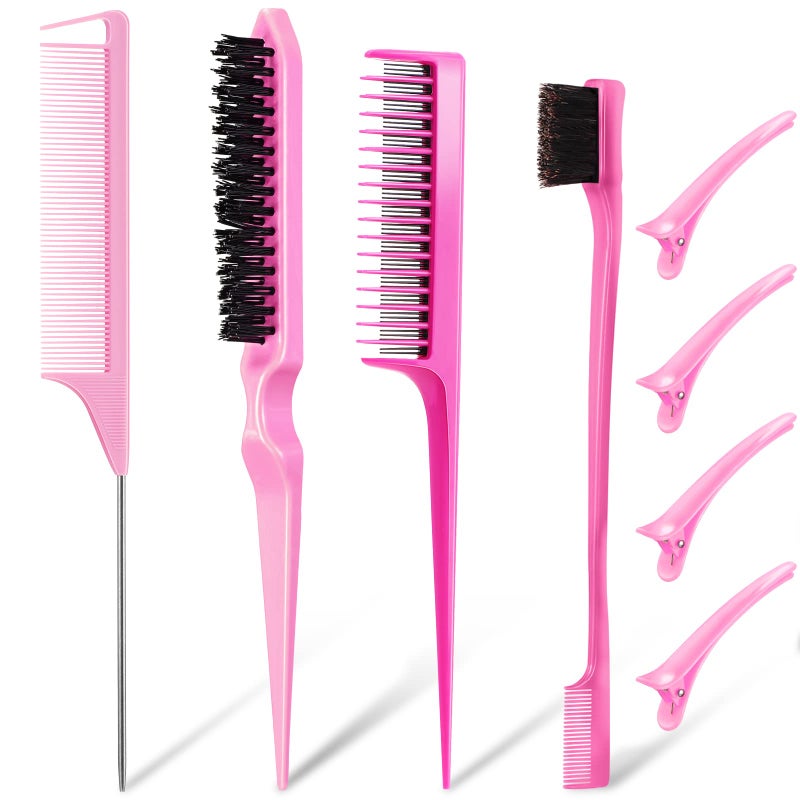 Zopeal 8 Pcs Styling Hair Comb Brush Set with Teasing Edge Brush Parting Rat Tail Comb Hairclip for Women Slicking Ponytail and Smoothing Hair(Pink) - Image 1