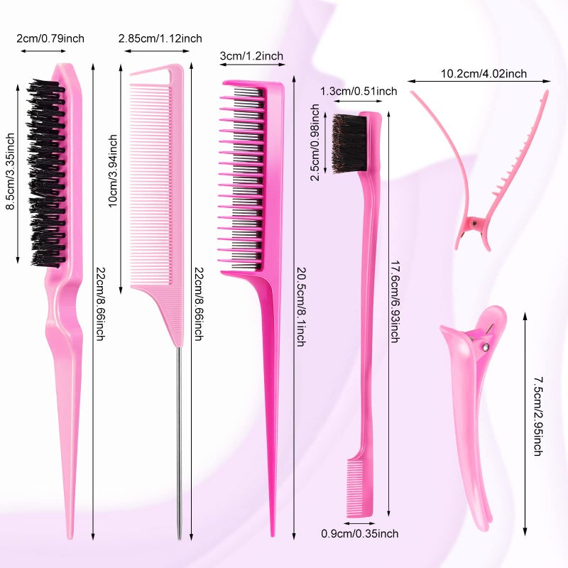 Zopeal 8 Pcs Styling Hair Comb Brush Set with Teasing Edge Brush Parting Rat Tail Comb Hairclip for Women Slicking Ponytail and Smoothing Hair(Pink) - Image 2
