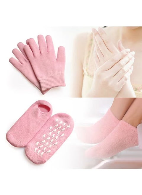 "4-Piece Pink Spa Gel Socks & Gloves Set | Deep Moisturizing Therapy for Dry, Cracked Hands & Feet | Reusable, Anti-Slip, Gel-Lined with Essential Oils & Vitamins for Home Spa Treatment"